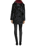 Gautam Fur Coat w/Fox Fur Collar, Black/Red