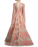 Floral-Appliqué Long-Sleeve Illusion Gown, Apricot/Nude