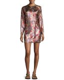 Metallic Long-Sleeve Tie-Waist Dress, Antique Pink