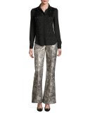 Metallic Jacquard Flared Pants, Silver
