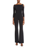3/4-Sleeve Flare-Leg Jersey Jumpsuit, Nero