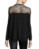 Lace-Yoke Long-Sleeve Sweater, Black