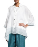 Button-Front Ombre-Striped Linen Top, Teal