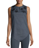 Floral-Embellished Tunic Blouse, Slate