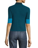 Megan Elbow-Sleeve Colorblock Cashmere Top, Oceano