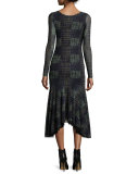 Long-Sleeve Plaid Handkerchief-Hem Midi Dress w/ Faux Necklace Print, Copiativo