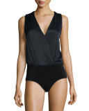 Cross-Back Zip-Trim Surplice Bodysuit, Black
