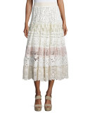 Crochet Lace Tiered Midi Skirt, Neutral/Multi