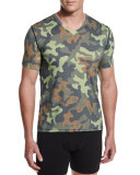 Camo-Print Mesh V-Neck Tee, Camo