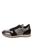 Rockrunner Metallic-Insert Leather Sneaker, Gunmetal