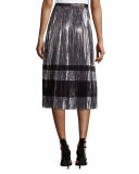 Metallic Pleated A-Line Midi Skirt, Silver