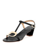 Chips Leather T-Strap Sandal, Nero