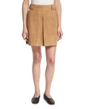 Pleated Suede Mini Skirt, Tan