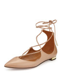 Christy Lace-Up Pointed-Toe Flat, Biscotto