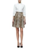 Cheetah-Print Pleated A-Line Skirt, Black/Camel