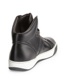 Piped Leather High-Top Sneaker, Black 