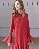 Marah Long-Sleeve Drop-Peplum Dress, Dark Vermillion