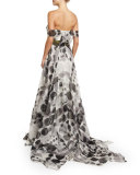 Off-The-Shoulder Dot-Print Shirt Gown, White/Black