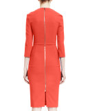 Draped-Shoulder 3/4-Sleeve Sheath Dress, Red