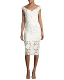 Mari Cap-Sleeve 3D Floral Cocktail Dress, White