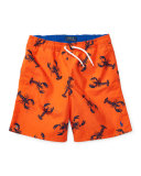 Lobster-Print Board Shorts, Red/Blue, Sizes 2-4