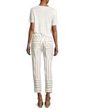 Linen Crewneck Fringe Tee, White