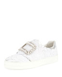 Sneaky Viv Macramé Strass Buckle Sneaker, White/Silver