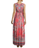 Sleeveless Embellished Multi-Print Maxi Dress, Red