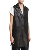Button-Front Long Leather Vest, Black