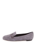 Fab Patent-Strap Suede Loafer, Smoke