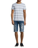 Distressed Straight-Leg Denim Shorts, Medium Blue