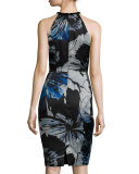 Sleeveless Keyhole-Front Floral Sheath Dress 