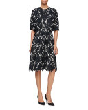 Seamed Floral Lace Dress, Black/Ivory
