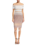 Signature Sequined Illusion Dress, White/Taupe