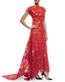 Cap-Sleeve Miriam Leaf-Lace Gown, Magnolia