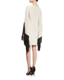 Molly Long-Sleeve Fringe-Trim Dress, Ivory/Black