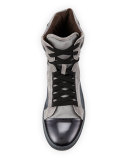 Mixed-Media High-Top Sneaker, Black/Beige
