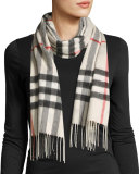 Cashmere Check & Floral Fringe Scarf, Light Gray