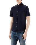 Navy Tipped Short-Sleeve Pique Full Button Down