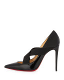 Sharpstagram Cross-Strap Patent Red Sole Pump, Black