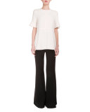 Flutter-Sleeve Jewel-Neck Blouse, Off White