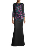 3/4-Sleeve Floral-Print Mermaid Gown