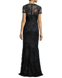 Short-Sleeve Floral Embroidered Illusion Gown, Navy/Black