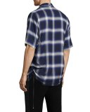 Plaid Drawcord Short-Sleeve Sport Shirt, Blue