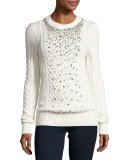 Embellished Cable-Knit Crewneck Sweater, Ecru