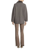 Open Cashmere Cardigan w/ Mink Collar, Fawn Melange
