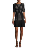 Half-Sleeve Mesh-Inset Drop-Waist Dress, Black/Combo