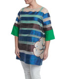 Half-Sleeve Striped Floral Long Tunic, Plus Size 