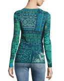 Long-Sleeve Mosaic-Print Stretch-Tulle Top