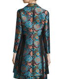 Floral Brocade A-Line Coat, Blue/Black/Turquoise